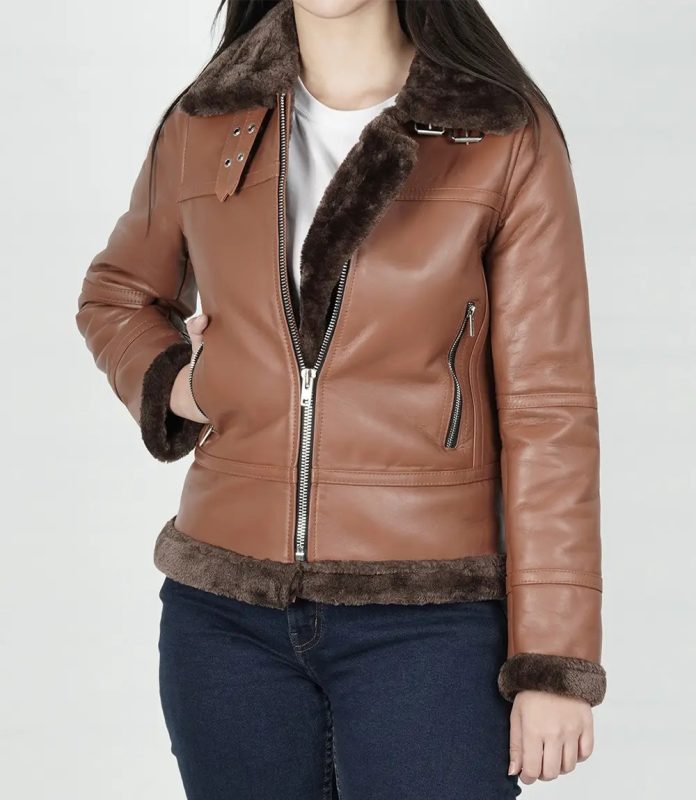 Cognac Shearling Leather Bomber Jacket for Women