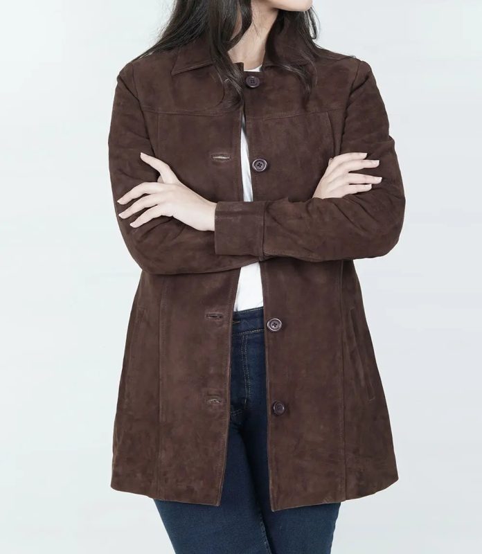 Elegant Women's Dark Brown Suede Car Coat by Kandis