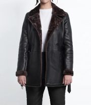 Fashionable Dark Brown Women's Leather Coat with Shearling - Image 4