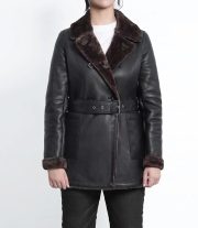 Fashionable Dark Brown Women's Leather Coat with Shearling