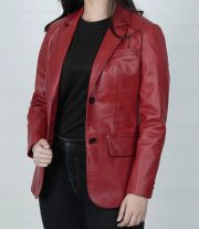 Fashionable Women's Two-Button Red Leather Blazer Jacket