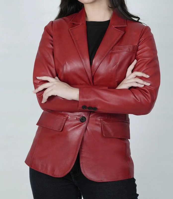 Fashionable Women's Two-Button Red Leather Blazer Jacket