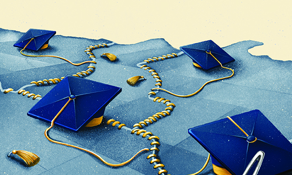 Patchwork resembling a map of a continent stitched together with graduation hat tassels.
