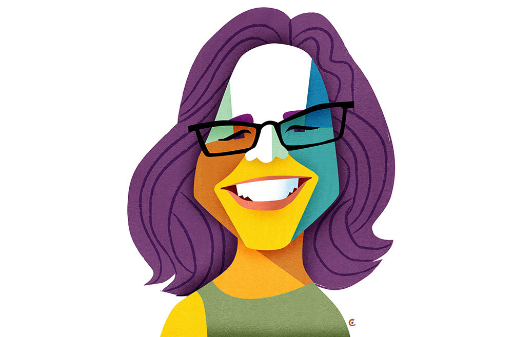 Stylized, colorful illustration of headshot of Grace Stensland.