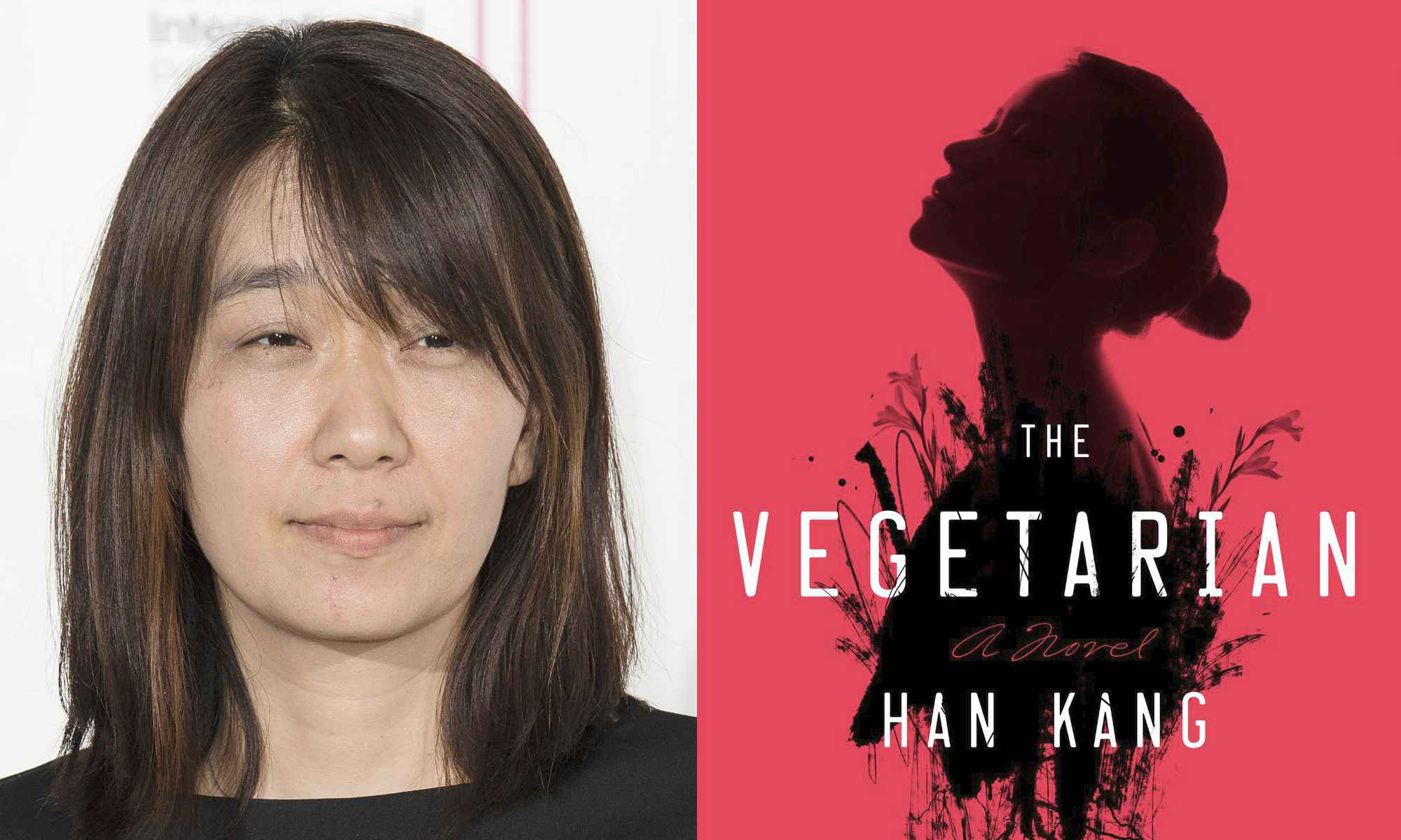 Diptych featuring the book cover art for English translation of "The Vegetarian" and a headshot of author Han Kang.