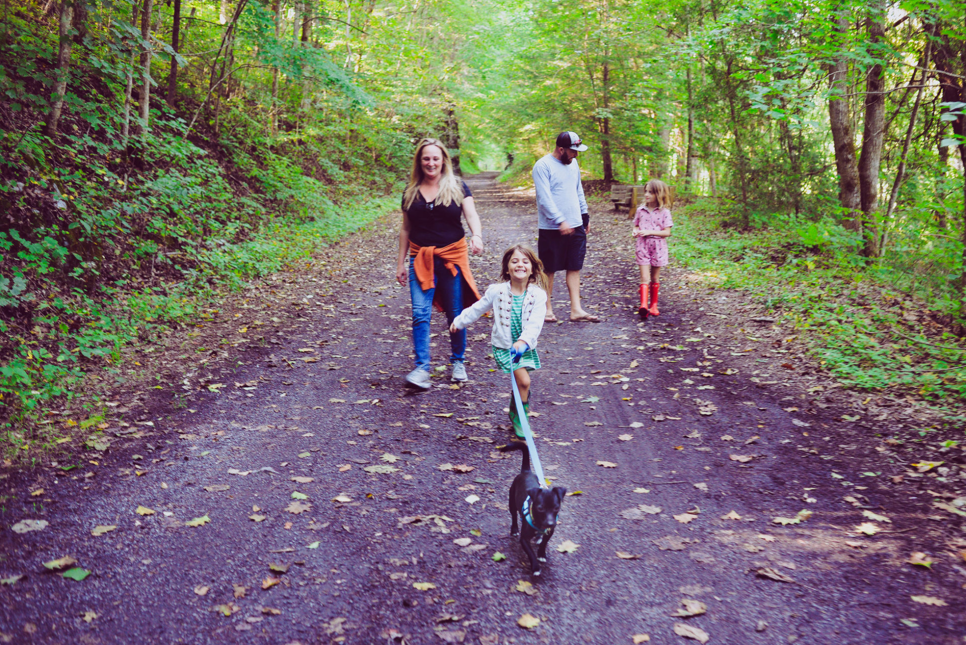 parents and two children with dog hike down a road in the forest