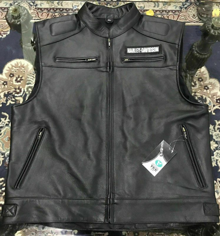 Harley Davidson Men’s Genuine Leather Black Back Logo Moto Cafe Biker Leather Vest Motocollection