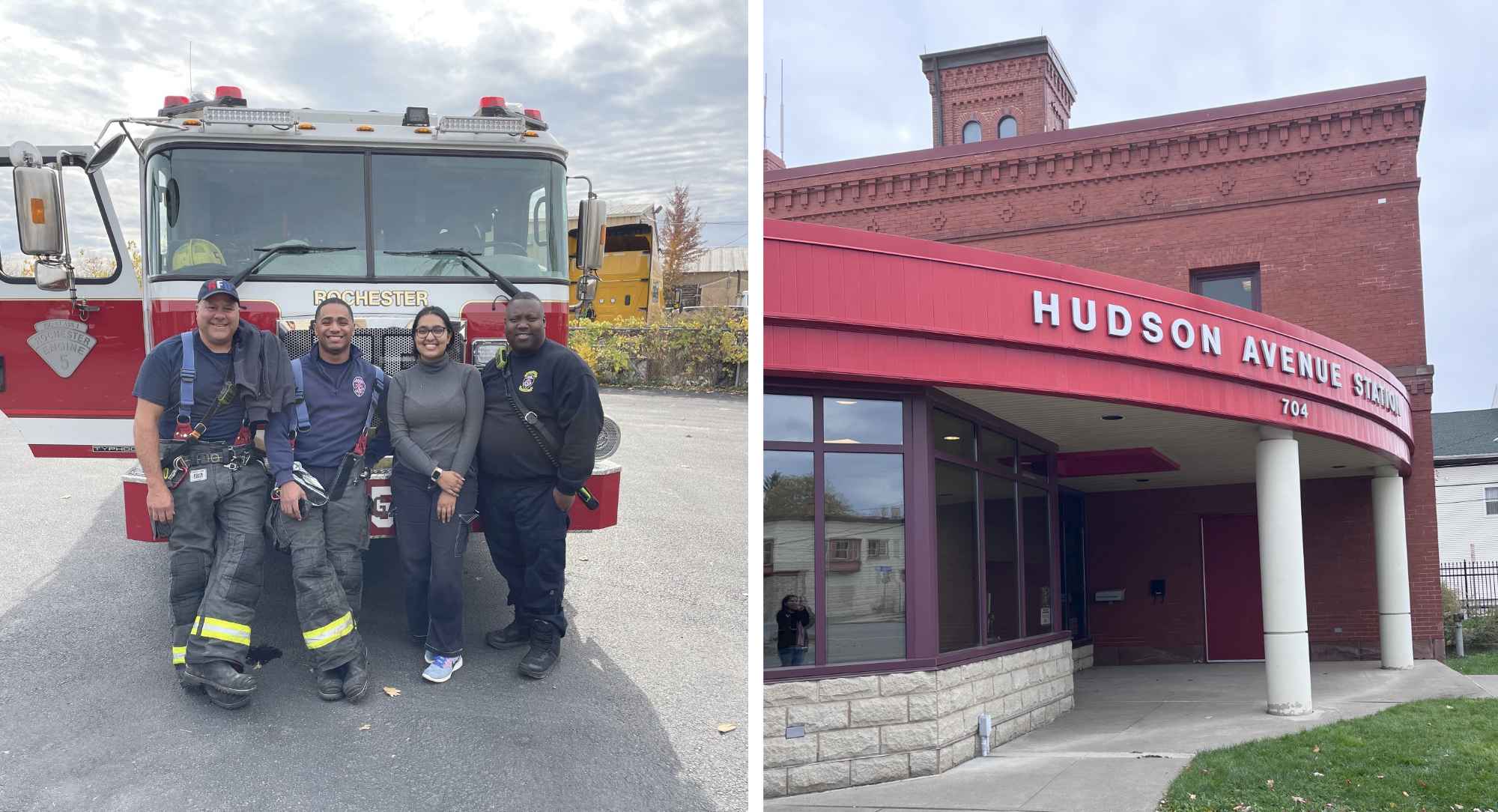 Diptych featuring a data science student with three firefighters in front of a fire engine and the exterior of the Hudson Avenue Station fire department in the city of Rochester, New York.