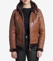 Luxurious Women's Cognac Brown Leather Jacket with Shearling Hood