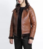 Luxurious Women's Cognac Brown Leather Jacket with Shearling Hood