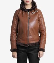 Luxurious Women's Cognac Brown Leather Jacket with Shearling Hood