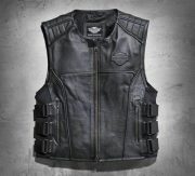 Men Swat II Genuine Leather Zippered Harley Davidson Biker Cafe Racer Black Vest Motocollection