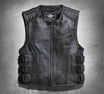 Men Swat II Genuine Leather Zippered Harley Davidson Biker Cafe Racer Black Vest Motocollection