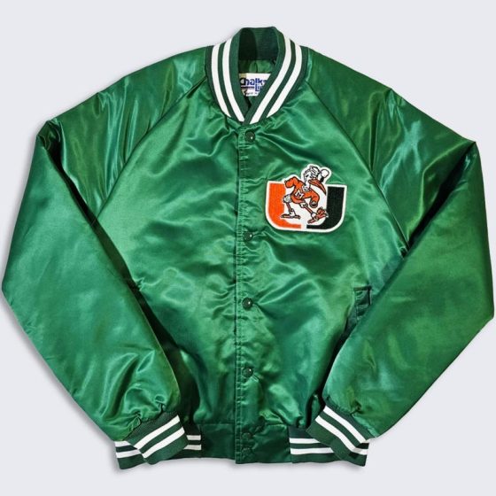 Miami Hurricanes 80s Chalk Line Satin Bomber Jacket–Retro Design