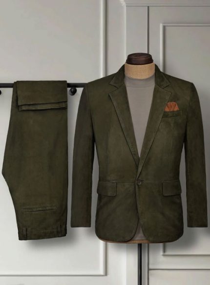 Olive Green Suede Leather Suit – Unleash Refined Rebellion