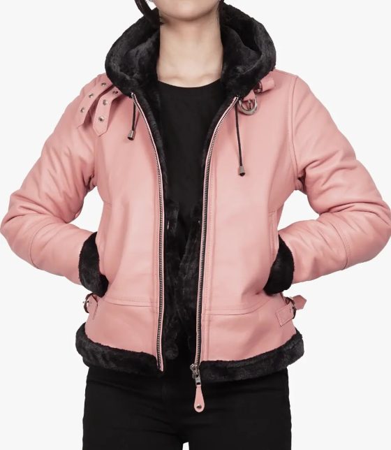 Soft and Stylish Women's Pink Hooded Shearling Leather Jacket