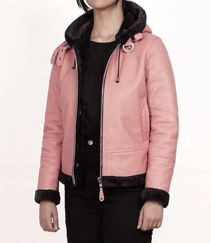 Soft and Stylish Women's Pink Hooded Shearling Leather Jacket
