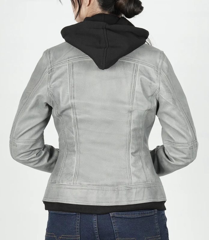 Stylish Betty Women's Light Grey Waxed Leather Jacket with Hood