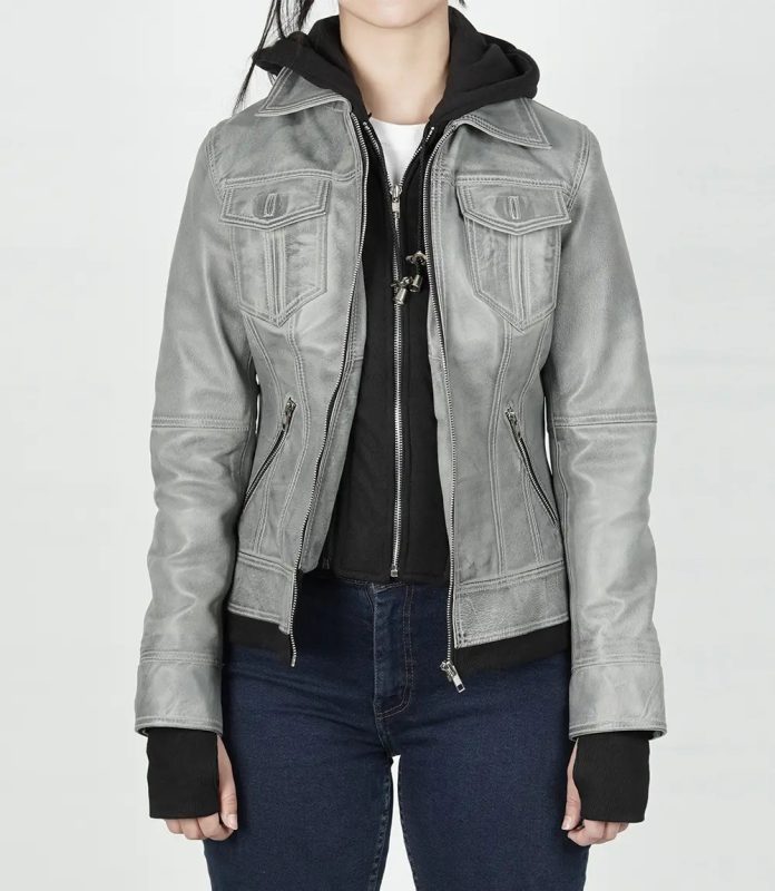 Stylish Betty Women's Light Grey Waxed Leather Jacket with Hood