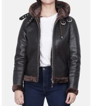 Stylish Women's Dark Brown Hooded Shearling Leather Jacket - Image 5