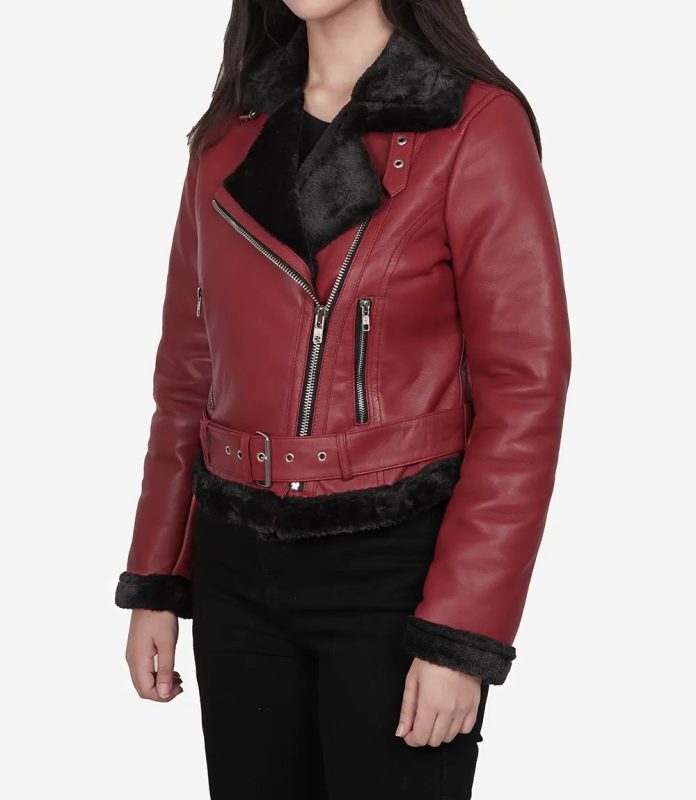 Stylish Women's Maroon & Black Biker Leather Jacket with Shearling Lining