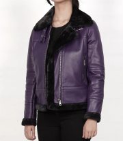Stylish Women's Purple Shearling Leather Bomber Jacket - Image 4