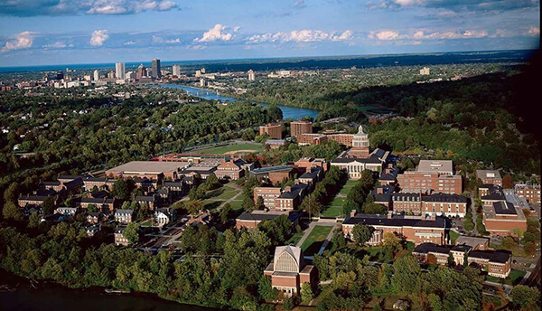 aerial photo of the river campus with downtown Rochester in background
