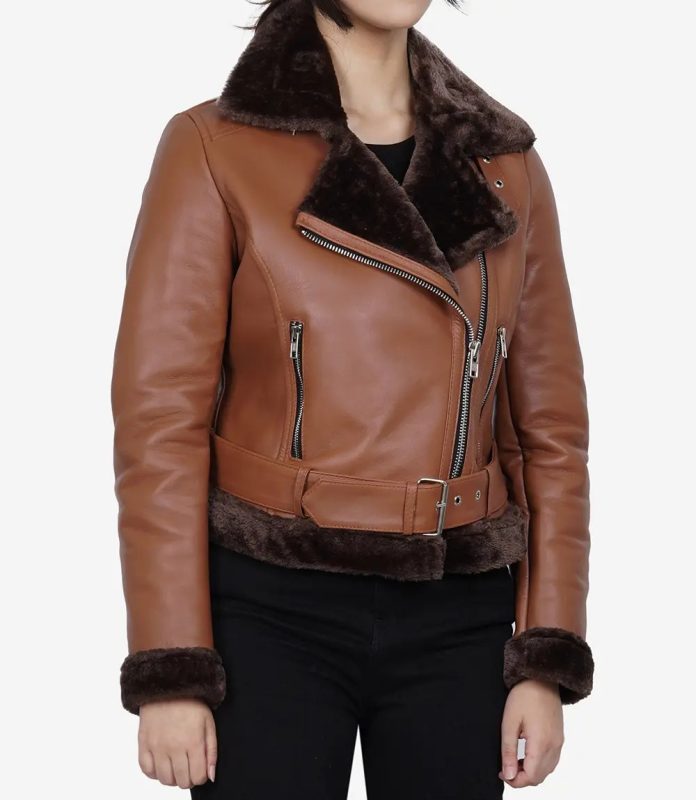 Warm Women's Asymmetrical Cognac Leather Aviator Jacket with Shearling Lining