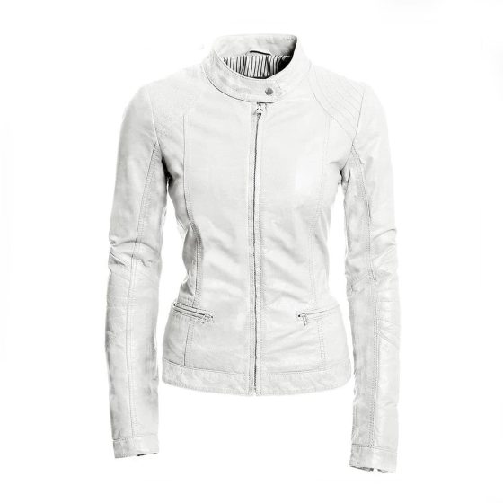 Women Fashion Genuine Leather Jacket - White Sky