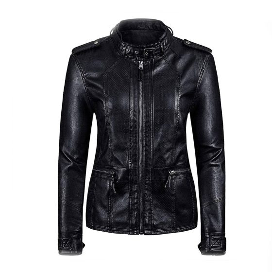 Women Zipper Closure Sleeve Easy Leather Jacket