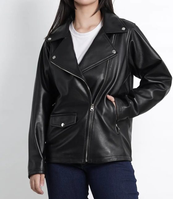 Women's Black Asymmetrical Oversized Leather Biker Jacket