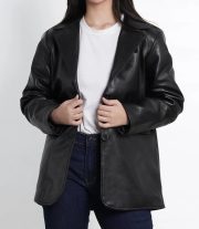 Women’s Black Leather Blazer Jacket in Oversized Style