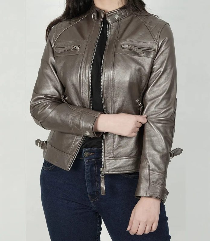 Women's Bronze-Silver Brown Leather Quilted Cafe Racer Jacket