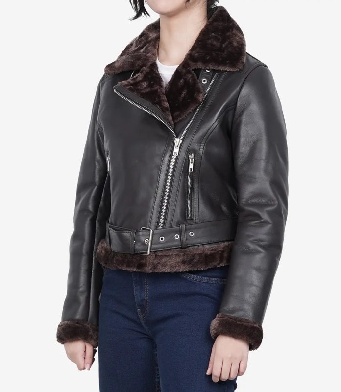 Women's Dark Brown Leather Jacket with Luxurious Shearling Interior