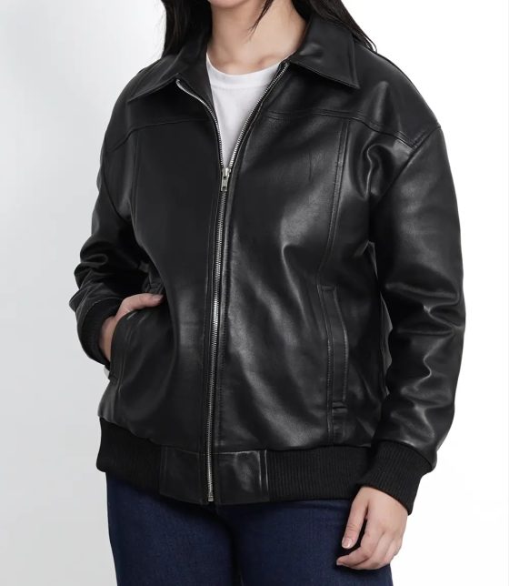 Women's Fashion Black Oversized Leather Bomber Jacket