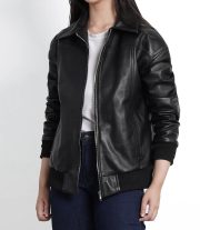 Women's Fashion Black Oversized Leather Bomber Jacket