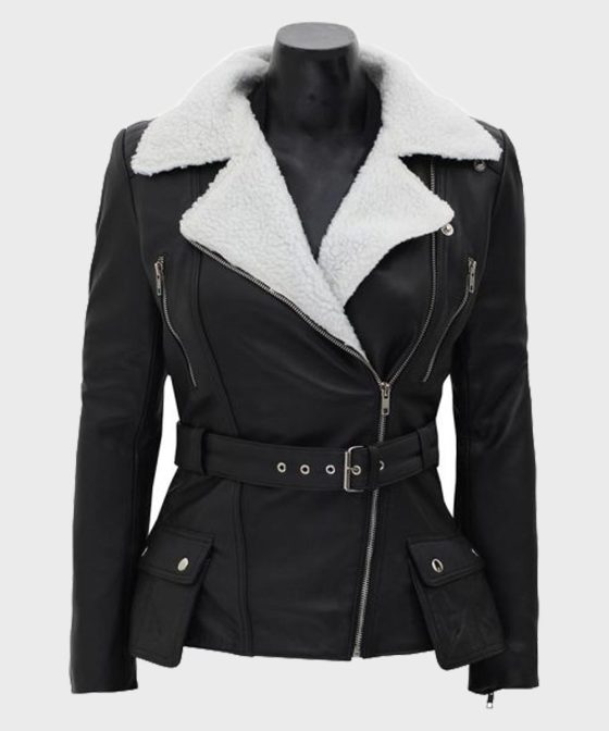 Natalie Shearling Leather Black Belted Biker Jacket