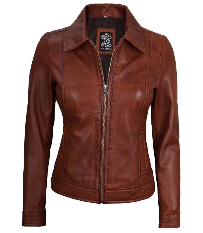 Harrington Leather Jacket Women Cognac Wax