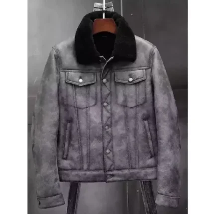 Dustin Grey Black Shearling Fur Trucker Jacket