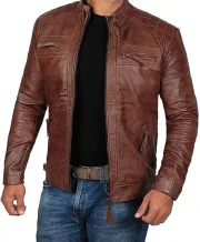 Janan Cafe Racer Distressed Brown Leather Jacket