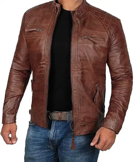 Janan Cafe Racer Distressed Brown Leather Jacket