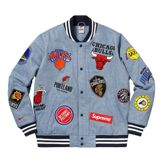 Supreme x Nike NBA Team-Inspired Blue Varsity Warm-Up Jacket - Front