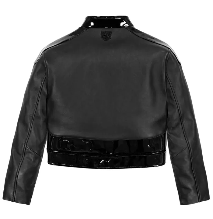 Women's Avirex Black Patent Cropped Leather Biker Jacket - Back